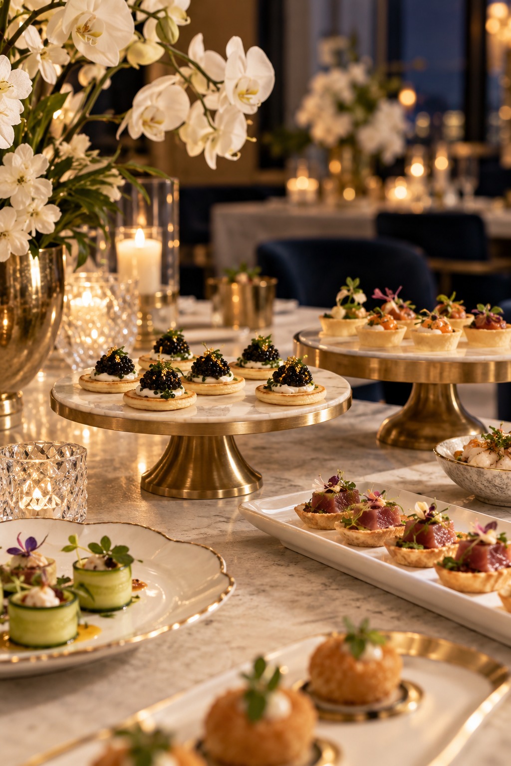 Elegant catering display with gourmet canapés, porcelain platters, and candlelit florals