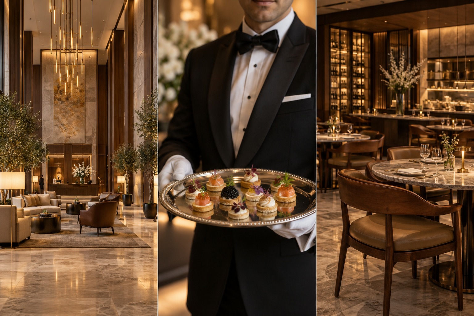 Three-panel image of a luxury hotel lobby, white-glove catering service, and a modern restaurant